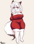  absurd_res anthro arctic_fox big_breasts black_ear_tips black_eartips black_tail_tip breasts canid canine cleavage cleavage_cutout clothed clothing curvy_figure female fox fur hair hand_on_breast hi_res mammal solo standing svala_(svala_fox) sweater tail tenzuu topwear white_body white_ears white_fur white_hair white_tail wide_hips 