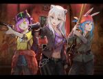  3girls :d absurdres animal_ear_fluff animal_ears backpack bag baseball_bat baseball_cap belt black_gloves black_pants blue_hair clothes_writing commentary_request ear_piercing ears_through_headwear exit_sign extra_ears fingerless_gloves gloves green_eyes gun hair_between_eyes handgun hat highres holding holding_baseball_bat holding_gun holding_weapon hololive letterboxed lion_ears long_sleeves midriff multiple_girls navel open_mouth pants piercing purple_hair rabbit_ears red_eyes shishiro_botan short_sleeves shotgun smile tokoyami_towa usada_pekora virtual_youtuber weapon white_hair yoshikawa_hiro 