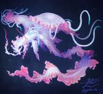  air_bubble animal_focus blue_background bubble chimera commentary dragon english_commentary frills full_body fusion highres jellyfish light_particles looking_away no_humans original pink_theme pink_wings solo submerged tentacles twitter_username wings yamamura_le 