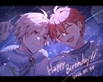  2023 2boys black_border border brothers closed_eyes closed_mouth dated hand_on_own_hip happy_birthday idolish7 kaki_hime kujou_tenn looking_at_another male_focus multiple_boys nanase_riku open_mouth pink_eyes pink_hair red_hair short_hair siblings sky smile star_(sky) starry_background starry_sky teeth twins twitter_username 