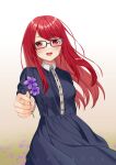  1girl absurdres arm_behind_back artist_name black-framed_eyewear blue_dress blush breasts buttons commentary dress english_commentary floating_hair flower glasses highres holding holding_flower long_sleeves looking_at_viewer medium_breasts open_mouth persona persona_5 persona_5_the_royal purple_flower reaching_towards_viewer red_eyes red_hair smile solo swept_bangs yoshizawa_sumire yura_s_arts 