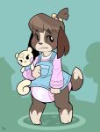  animal_crossing anthro blush canid canine canis clothing cuddlehooves diaper digby_(animal_crossing) domestic_dog freckles girly hi_res looking_at_viewer male mammal marshal_(animal_crossing) nintendo outside overall_dress overalls plushie solo standing 