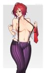  1girl breasts covered_nipples highres looking_down open_clothes open_shirt patterned_clothing red_eyes red_hair red_tie short_hair suspenders the_king_of_fighters vanessa_(kof) whysoblau 