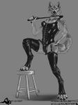  2017 anthro biped breasts canid canine canis clothing collar dominatrix easy_access female fur furniture greyscale holding_riding_crop leather leather_clothing leather_legwear leather_thigh_highs legwear leotard looking_at_viewer mammal medium_breasts monochrome nipple_outline riding_crop salonkitty solo stool thigh_highs whip wolf 