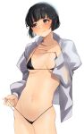  1girl absurdres bare_arms bikini black_bikini black_eyes black_hair blush breasts closed_mouth cowboy_shot highres kantai_collection medium_breasts myoukou_(kancolle) navel open_clothes open_shirt shirt short_hair simple_background solo swimsuit toriniku_senshi_chikinman white_background white_shirt 