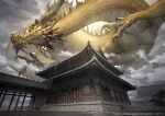  3_fingers ambiguous_gender antlers asian_mythology belly_scales claws cloud dragon eastern_dragon feral fingers flying gold_scales hi_res horn looking_at_viewer looming mythology pecs raining scales solo takayama_toshiaki temple yellow_eyes 