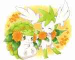  ^_^ aimi_(aimia492) artist_name blush closed_eyes closed_mouth commentary_request flower full_body green_eyes leaf looking_at_another looking_to_the_side no_humans orange_background orange_flower pokemon pokemon_(creature) shaymin shaymin_(land) shaymin_(sky) simple_background smile split_mouth twitter_username white_background yellow_background 