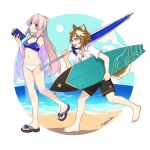  1boy 1girl alternate_costume animal_ears barefoot beach beach_umbrella bikini black_male_swimwear blue_bikini blue_hair book bow-shaped_hair breasts brown_hair cape dog_boy dog_ears dog_tail feet genshin_impact gorou_(genshin_impact) green_eyes hair_between_eyes holding holding_book holding_umbrella jewelry kibashiba long_hair male_swimwear medium_breasts multicolored_hair navel necklace ocean pink_hair purple_eyes sandals sangonomiya_kokomi shirt swimsuit tail toes umbrella walking white_bikini white_hair white_shirt 