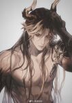  1boy abs absurdres arknights black_skin chong_yue_(arknights) colored_skin dragon_boy dragon_horns expressionless gradient_skin highres horns large_pectorals male_focus multicolored_hair nude pectorals pointy_ears solo stomach streaked_hair upper_body wanshi_jie_xu 