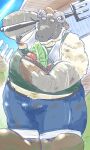  2023 anthro belly big_belly bodily_fluids bottomwear bovid bulge caprine clothing dain_4201 farmer food hi_res kemono male mammal moobs nipples outside overweight overweight_male pants plant sheep solo sweat vegetable 