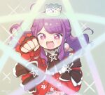  1girl :d arm_up black_bow blush bow clenched_hand commentary_request crown dress foreshortening from_above grey_background hanazono_mia idol_clothes idol_time_pripara long_hair looking_at_viewer open_mouth pretty_series pripara purple_eyes purple_hair red_dress smile solo sparkle star_(symbol) star_in_eye symbol_in_eye terayamaden 