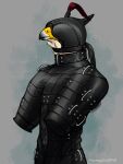  aarakocra_(dnd) ammylin anthro avian bdsm bird bitchsuit blindfold bondage bondage_gear bound buckle falcon falconid falconry_hood hi_res hood leather male solo straps 