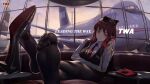  1girl absurdres aircraft airplane awei_chaoyong cloud commentary_request feet foot_focus footrest hat highres holding holding_phone koakuma light_smile looking_at_viewer pantyhose parted_lips phone red_eyes red_hair shoe_soles sky soles solo toes touhou twilight window 