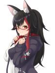  1girl animal_ear_fluff animal_ears black_choker black_hair black_hoodie blush choker closed_mouth commentary fang flipped_hair from_side glasses hiden_(takanori) highres hololive hood hoodie hoodie_pull long_hair looking_at_viewer multicolored_hair no_bra official_alternate_costume official_alternate_hairstyle ookami_mio ookami_mio_(3rd_costume) paw_print paw_print_pattern ponytail red-framed_eyewear red_hair semi-rimless_eyewear sidelocks sleeves_past_wrists smile solo spiked_hair streaked_hair two-tone_hoodie very_long_hair virtual_youtuber white_hoodie wolf_ears yellow_eyes 
