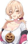  1girl blonde_hair blush breasts cleavage fang hair_between_eyes hair_ornament hair_scrunchie highres jack-o&#039;-lantern keikesu large_breasts long_hair looking_at_viewer low_ponytail nijisanji no_bra nui_sociere nui_sociere_(2nd_costume) off_shoulder open_mouth red_scrunchie scrunchie simple_background skin_fang smile solo very_long_hair virtual_youtuber white_background yellow_eyes 