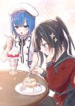  2girls aqua_eyes artist_request black_hair blue_eyes blue_hair blush cake cake_slice eating food fork highres holding holding_spoon liar_liar minami_shizuku_(liar_liar) multiple_girls official_art plate ponytail red_shirt shirt short_hair spoon table white_headwear 