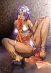  1girl breasts circlet dark-skinned_female dark_skin dragon_quest dragon_quest_iv earrings full_body high_heels highres jewelry long_hair looking_at_viewer manya_(dq4) nail_polish nekomata_naomi purple_eyes purple_hair smile solo 