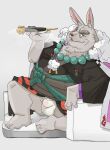  2023 anthro asian_clothing belly big_belly bluewhale127 bulge clothing east_asian_clothing fundoshi fur grey_body grey_fur hi_res humanoid_hands japanese_clothing kemono lagomorph leporid male mammal mature_male overweight overweight_male rabbit shangri-la_frontier sitting smoking solo underwear white_clothing white_fundoshi white_underwear 