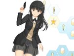  ! 1girl amagami black_eyes black_hair black_jacket black_ribbon black_sailor_collar blazer box clenched_teeth collared_shirt grey_shirt grey_skirt hand_up holding holding_notepad jacket kibito_high_school_uniform long_hair long_sleeves looking_at_viewer neck_ribbon notepad open_clothes open_jacket pleated_skirt ribbon sailor_collar school_uniform shirt skirt solo star_(symbol) sweater_vest takenoko_saba_otto teeth white_shirt yellow_sweater_vest 