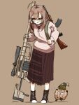  1girl absurdres ahoge ak-47 assault_rifle bolt_action brown_background brown_eyes brown_footwear brown_hair brown_hoodie brown_skirt cheytac_m200 crossed_bangs explosive glasses grenade gun high_tops highres holding holding_grenade hololive hololive_english hood hoodie hootsie_(nanashi_mumei) kalashnikov_rifle long_hair long_skirt multicolored_hair nanashi_mumei nanashi_mumei_(3rd_costume) official_alternate_costume oversized_clothes plaid plaid_skirt pleated_skirt red_shirt red_socks rifle round_eyewear shirt shoes shoulder_strap sirtro sketch skirt sleeves_past_wrists smile sneakers sniper_rifle socks streaked_hair virtual_youtuber weapon weapon_request wide_sleeves 