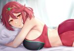  1girl ass bed black_sports_bra blurry blurry_background breasts buruma circlet closed_mouth earrings highres hugging_object indoors jewelry large_breasts looking_at_viewer lying medium_hair on_stomach pillow pyra_(xenoblade) red_buruma red_eyes red_hair red_sports_bra sideboob smile solo sports_bra swept_bangs two-tone_sports_bra xenoblade_chronicles_(series) xenoblade_chronicles_2 zatma0041 