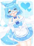  1girl :d animal_ear_fluff animal_ears apron black-framed_eyewear blue_background blue_bow blue_dress blue_eyes blue_hair blush bow commission dress dutch_angle floral_print frilled_apron frilled_dress frills glasses hair_between_eyes heart heart-shaped_pupils highres long_sleeves looking_at_viewer off-shoulder_dress off_shoulder original parted_bangs print_dress round_eyewear semi-rimless_eyewear shikito skeb_commission sleeves_past_fingers sleeves_past_wrists smile solo symbol-shaped_pupils tail under-rim_eyewear white_apron 