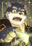  absurd_res anthro blue_body blue_fur canid canine canis clothing crave_saga domestic_dog eyewear fur glasses glowing hi_res lucian_(crave_saga) magic magic_user magic_wang male mammal open_mouth robe solo star_marking suro964708 yellow_eyes 