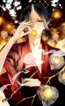  1boy black_eyes black_hair chinese_lantern_(plant) hoozuki_(hoozuki_no_reitetsu) hoozuki_no_reitetsu horns japanese_clothes kimono kiseru male_focus oni_horns pointy_ears psd_(psdgai) red_kimono single_horn smoke smoking smoking_pipe solo 