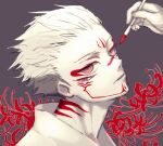 1boy applying_makeup eyeliner eyeshadow facepaint flower grey_background holding holding_paintbrush jujutsu_kaisen makeup male_focus out_of_frame oxoxovo paintbrush partially_colored portrait red_eyes red_flower red_theme ringed_eyes ryoumen_sukuna_(jujutsu_kaisen) short_hair solo_focus spider_lily spiked_hair twitter_logo 