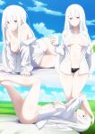  1girl absurdres arms_up barefoot black_panties blue_sky bottomless bow bow_panties breasts cedric_(gear_art) cleft_of_venus cloud colored_eyelashes commentary cup dress_shirt echidna_(re:zero) english_commentary field from_side grass grin hanging_breasts highres holding holding_cup knees_up legs_up long_hair looking_at_viewer lying mug multiple_views naked_shirt nipples off_shoulder on_side open_clothes open_shirt panties purple_eyes pussy re:zero_kara_hajimeru_isekai_seikatsu shirt sky slit smile standing thighs underwear v-shaped_eyebrows variant_set very_long_hair white_hair 