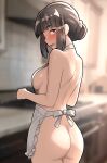  1girl apron ass blurry blurry_background blush breasts clenched_hands commentary_request cowboy_shot furaggu_(frag_0416) hair_bun hair_ornament hairclip highres indoors kantai_collection kitchen looking_at_viewer medium_breasts myoukou_(kancolle) naked_apron nude open_mouth photo_background short_hair smile solo yellow_eyes 