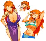  1girl 3amsoda absurdres breasts collarbone dress earrings highres jewelry long_hair nami_(one_piece) one_piece orange_hair simple_background smile solo teeth 