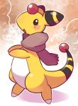  ampharos blush brown_scarf clothed_pokemon full_body looking_at_viewer no_humans open_mouth pokemon pokemon_(creature) scarf solo tansho 