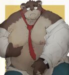  2023 anthro barely_visible_genitalia barely_visible_penis bear belly big_belly blush brown_body brown_fur censored clothed clothing dumdum eyes_closed fur genitals hi_res humanoid_hands kemono male mammal mature_male moobs necktie nipples open_clothing open_shirt open_topwear overweight overweight_male penis shirt solo topwear 