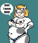  anthro belly blonde_hair bottomwear bovid bovine cattle clothing danellz digital_media_(artwork) english_text female hair horn hotpants mammal navel nipple_outline overweight overweight_anthro overweight_female shorts solo speech_bubble text text_on_clothing text_on_topwear topwear translucent translucent_clothing 