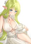  1girl bare_shoulders blue_eyes blush breasts center_opening choujin_koukousei-tachi_wa_isekai_demo_yoyuu_de_ikinuku_you_desu! clothes_lift commentary elf english_commentary frilled_shirt frills gem green_hair hair_ribbon half_updo highres kangbus large_breasts lifted_by_self lilulu_(choyoyu) long_hair looking_at_viewer navel no_bra no_panties pointy_ears revealing_clothes revision ribbon shirt side_slit sideboob sideless_outfit simple_background skirt skirt_lift skirt_set solo thighs very_long_hair white_background white_ribbon white_shirt white_skirt 