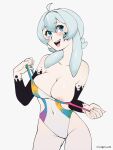  alternate_costume blue_eyes bodypaint breasts chumu_(teuthidan) cleavage commission commissioner_upload condylonucla grey_hair highres looking_at_viewer navel nipple_slip nipples one-piece_swimsuit original paint_splatter paint_splatter_on_face smile swimsuit tentacle_hair undressing 