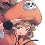  1girl black_gloves brown_eyes brown_hair fingerless_gloves gloves guilty_gear guilty_gear_strive hat hat_ornament hood hood_down hoodie long_hair looking_at_viewer may_(guilty_gear) open_mouth orange_headwear orange_hoodie shimazaki1152 simple_background skull_and_crossbones skull_hat_ornament solo upper_body white_background 