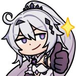  1girl antenna_hair chibi crown dress flower_clothes high_ponytail honkai_(series) honkai_impact_3rd kiana_kaslana kiana_kaslana_(herrscher_of_finality) long_hair neck_flower open_mouth purple_hands solo transparent_background white_armor white_dress white_hair 