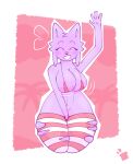  anthro big_breasts bra breasts clothing eyes_closed felid feline female footwear gesture hand_between_legs handshake huge_breasts hybrid legwear mammal no_areola purple_body smile smiling_at_viewer socks solo thick_thighs thigh_highs thigh_socks toasterstealer torn_clothing torn_footwear torn_socks underwear 