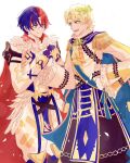  2boys alear_(fire_emblem) alear_(male)_(fire_emblem) alfred_(fire_emblem) ascot blonde_hair blue_eyes blue_hair cape circlet closed_mouth feather_trim fire_emblem fire_emblem_engage frills gloves green_eyes hair_between_eyes hair_ornament heterochromia highres kino40346033 long_sleeves male_focus multicolored_hair multiple_boys open_mouth red_eyes red_hair short_hair smile two-tone_hair white_background yellow_ascot 