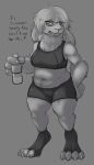 aansa anthro beverage big_ears bodily_fluids bottle bottomwear bra claws clothing container dialogue english_text female footwear hair hand_on_hip hi_res holding_bottle holding_container holding_object lagomorph leporid mammal navel neck_tuft open_mouth overweight protatypo rabbit rabbit_ears shorts simple_background solo sports_bra standing sweat sweatdrop teeth text toeless_footwear tuft underwear yellow_eyes 