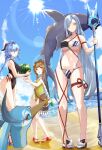  3girls absurdres ahoge alternate_costume alternate_hairstyle beach bikini bird black_one-piece_swimsuit blue_hair blue_nails blue_sky braided_hair_rings breasts brown_eyes carrying_over_shoulder cloud_retainer_(genshin_impact) commentary_request crane_(animal) criss-cross_halter day double_bun ekusera eyepatch_bikini food fruit ganyu_(genshin_impact) genshin_impact goat_horns green_one-piece_swimsuit grey_hair hair_bun halterneck highres holding holding_food holding_fruit holding_polearm holding_weapon horns large_breasts long_hair looking_at_another multiple_girls nail_polish ocean one-piece_swimsuit outdoors polearm sandals shark shenhe_(genshin_impact) sky small_breasts sun swimsuit the_catch_(genshin_impact) toenail_polish toenails toes very_long_hair vision_(genshin_impact) watermelon weapon yaoyao_(genshin_impact) 