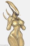  &lt;3 2021 5_fingers alien alien_(franchise) animate_inanimate artist_name back_spikes big_breasts biped breasts digital_media_(artwork) eyeless featureless_crotch female fingers front_view glistening glistening_body gold_(metal) gold_body hi_res humanoid metallic_body monotone_body navel nipples noseless not_furry portrait runawaystride sharp_teeth simple_background solo spikes spikes_(anatomy) teeth thick_thighs three-quarter_portrait white_background xenomorph 