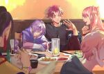  1other 4boys ankekkai anne_faulkner aqua_hair black_hair camera closed_eyes closed_mouth earrings food highres holding holding_phone jewelry long_hair looking_at_another maruyama_reo medium_hair multicolored_hair multiple_boys paradox_live phone pink_hair purple_hair red_eyes red_hair short_hair sitting sleeping sugasano_allen suiseki_iori tassel tassel_earrings yatonokami_kanata 