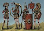  4girls animal_skin_hat armor banner cornu grass greaves helmet highres ho-uja holding holding_polearm holding_weapon instrument multiple_girls music original pilum plate_armor playing_instrument polearm red_tunic roman_clothes roman_empire sandals scale_armor shield sword weapon 