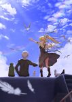  1boy 1girl absurdres air_(visual_novel) bird black_dress black_footwear blonde_hair blue_sky blurry boots clothes_lift cloud commentary_request depth_of_field doll dress dress_lift facing_another falling_feathers feathers from_behind grey_hair hair_ribbon highres kamio_misuzu kunisaki_yukito lens_flare long_hair open_hands outstretched_arms ponytail puffy_short_sleeves puffy_sleeves rainbow rgrey00 ribbon school_uniform seagull shirt short_hair short_sleeves sidelocks sitting sky spiked_hair standing straight_hair summer sunlight very_long_hair white_feathers white_ribbon wide_shot wind wind_lift yellow_shirt 