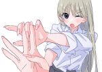  1girl :o black_eyes blonde_hair blush collared_shirt commentary fingernails glint hair_between_eyes hamafugu long_fingernails long_hair looking_at_viewer nail_polish one_eye_closed open_mouth original pink_nails pleated_skirt reaching reaching_towards_viewer school_uniform sharp_fingernails shirt shirt_tucked_in simple_background skirt solo sparkle swept_bangs symbol-only_commentary tongue upper_body white_background 