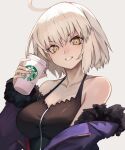  1girl ahoge bare_shoulders black_dress blue_coat breasts cleavage coat coffee_cup collarbone cup disposable_cup dress fate/grand_order fate_(series) fur-trimmed_coat fur_trim genshu_doki grey_hair grin highres jeanne_d&#039;arc_alter_(fate) jeanne_d&#039;arc_alter_(ver._shinjuku_1999)_(fate) large_breasts long_sleeves looking_at_viewer off_shoulder open_clothes open_coat short_hair smile solo yellow_eyes 