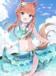  1girl absurdres aqua_sarong bare_shoulders barefoot blue_sky braid breasts cloud cloudy_sky commentary_request cowboy_shot crown_braid highres horse_girl looking_at_viewer mikumiku37 navel ocean official_alternate_costume official_alternate_hairstyle open_mouth orange_hair sarong silence_suzuka_(emerald_on_the_waves)_(umamusume) silence_suzuka_(umamusume) sky small_breasts smile solo swimsuit umamusume water wet 